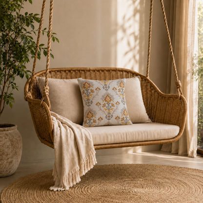 HOKIPO Heritage Bloom Embroidered Cushion Cover 16x16 in, Mustard & Ivory