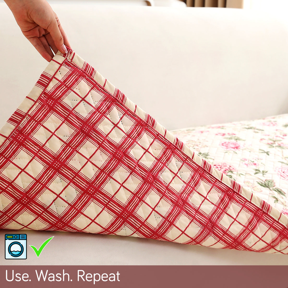 'Homehues' Printed Quilted Sofa Cover Mats, Beige Peonies