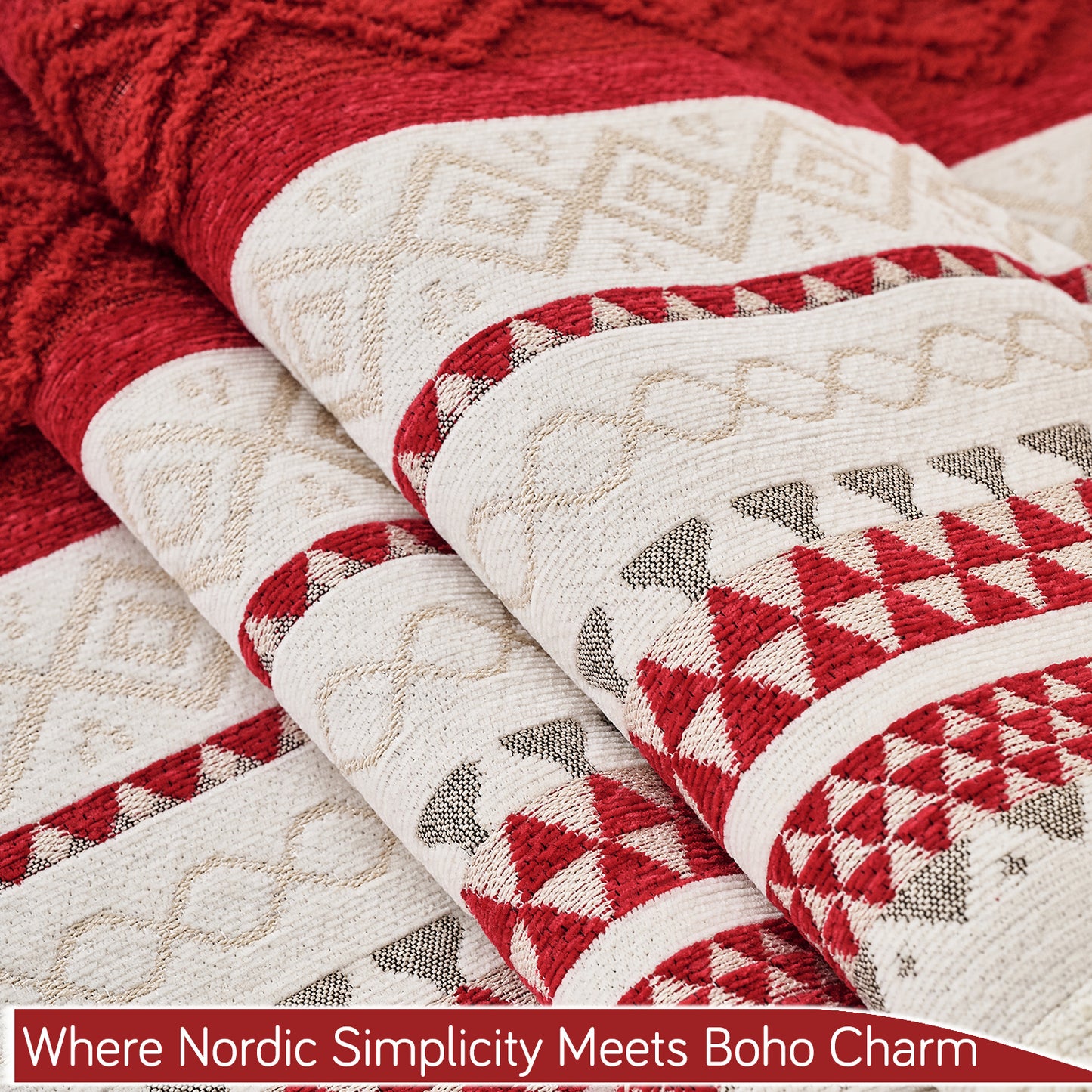 Nordic Boho Geometric Sofa Cover Mat with Tassel, 'Nordic Tassel Series'  Ruby Cream