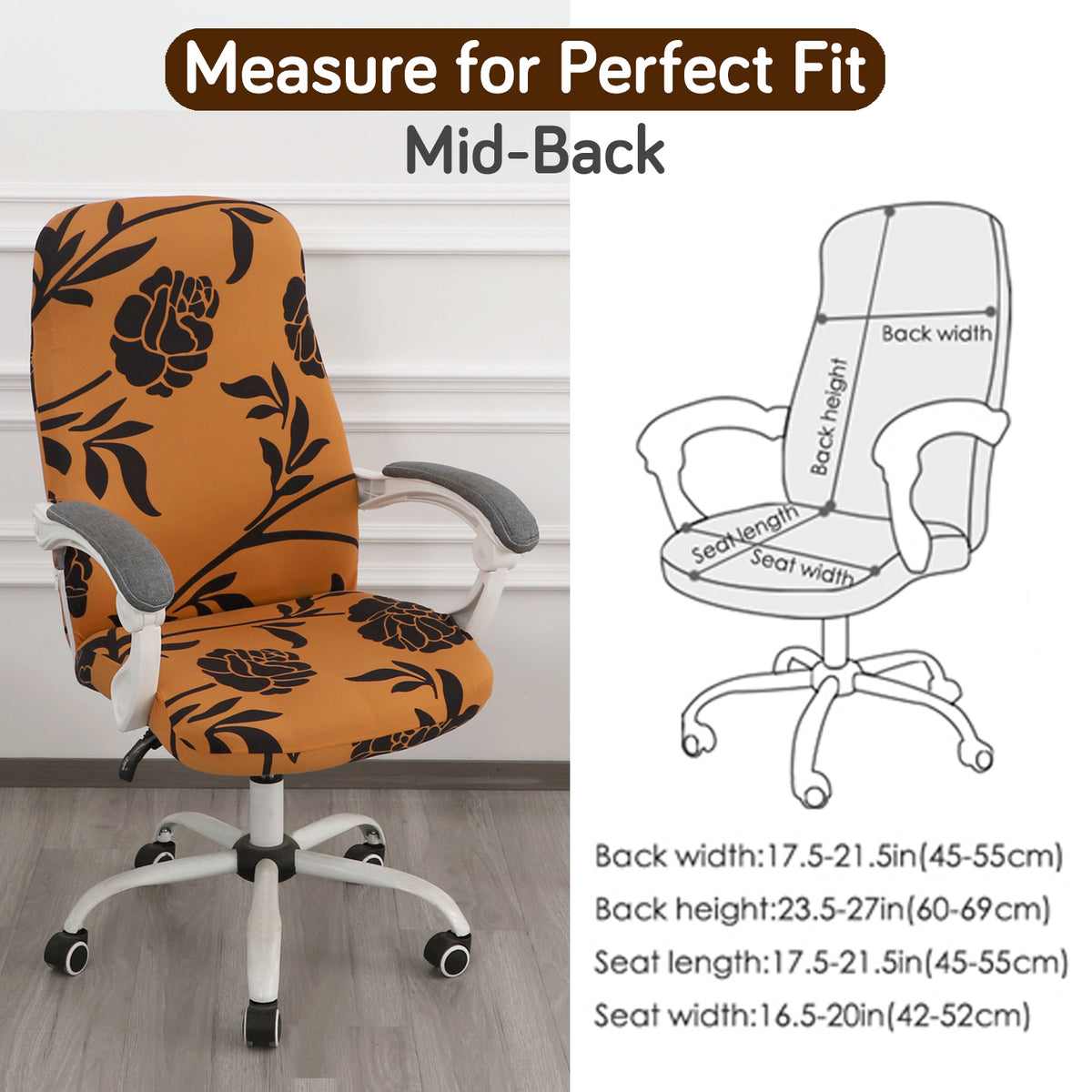 Printed Office Chair Cover for Desk Chair (Mid-Back) – 140 GSM Stretch Fabric – Durable & Anti-Slip – Fits Mid-Back Office Chairs, Copper Brown Floral - Medium
