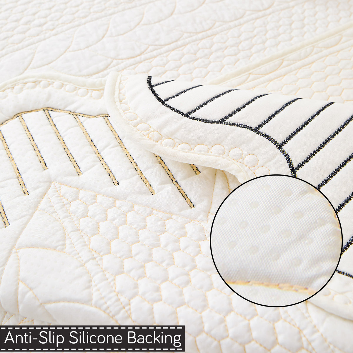 Cotton Reverie with a Curved Wavy Edge Sofa Mat, Midnight Cream