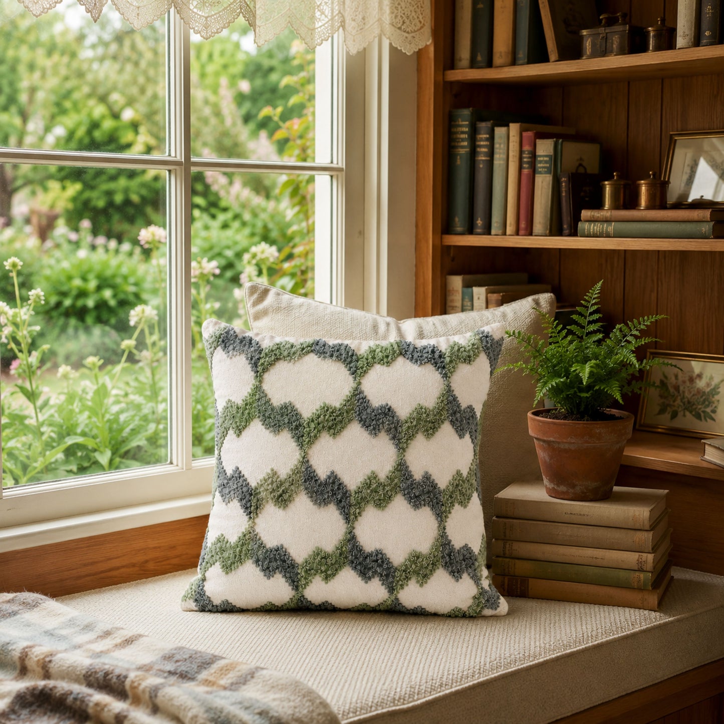 HOKIPO Embroidered Cushion Cover 16x16 Inch for Sofa, Green & Grey