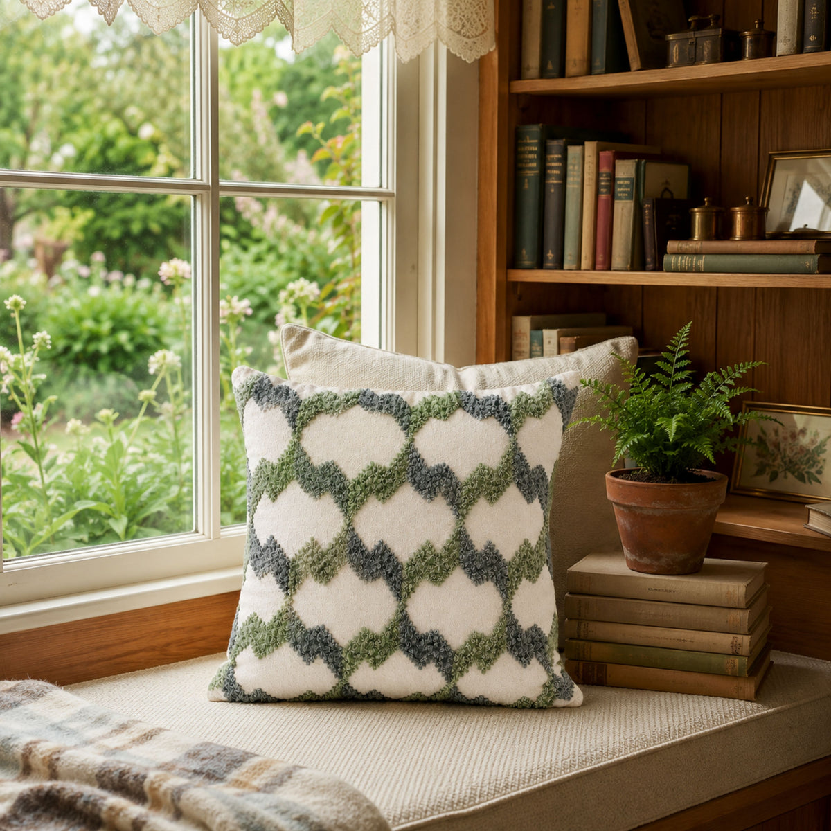 HOKIPO Embroidered Cushion Cover 16x16 Inch for Sofa, Green & Grey