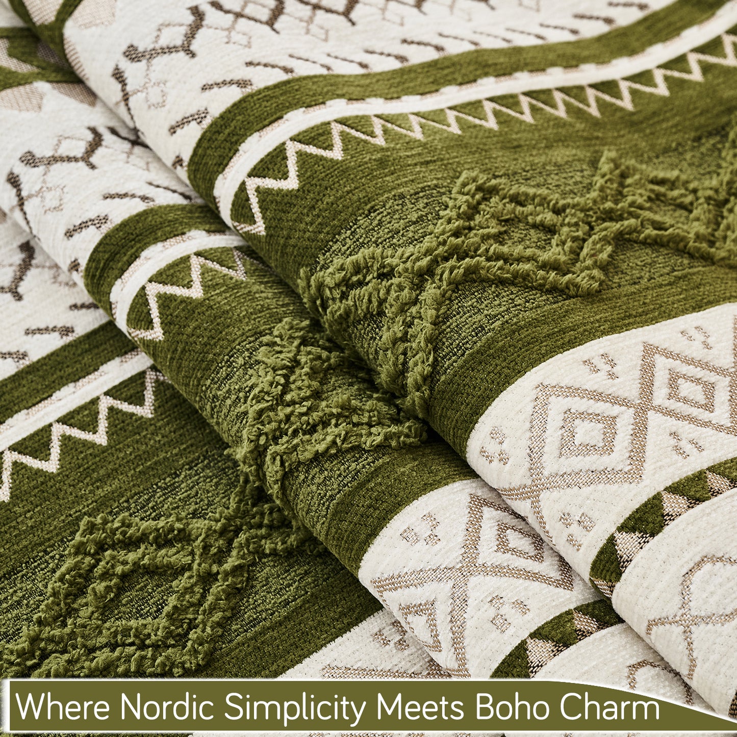 Nordic Boho Geometric Sofa Cover Mat with Tassel, 'Nordic Tassel Series'  Olive Meadow