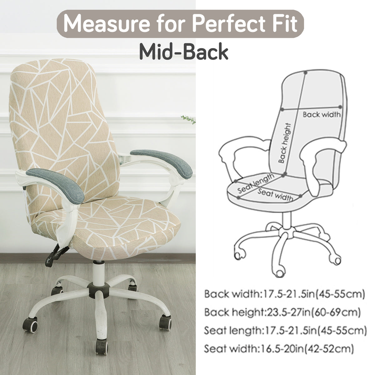 Printed Office Chair Cover for Desk Chair (Mid-Back) – 140 GSM Stretch Fabric – Washable, Durable & Anti-Slip – Fits Mid-Back Office Chairs, Beige Abstract Geometry - Medium