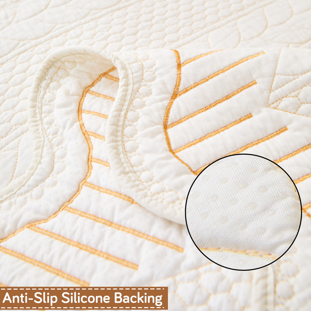 Cotton Reverie with a Curved Wavy Edge Sofa Mat, Golden Cream Bloom