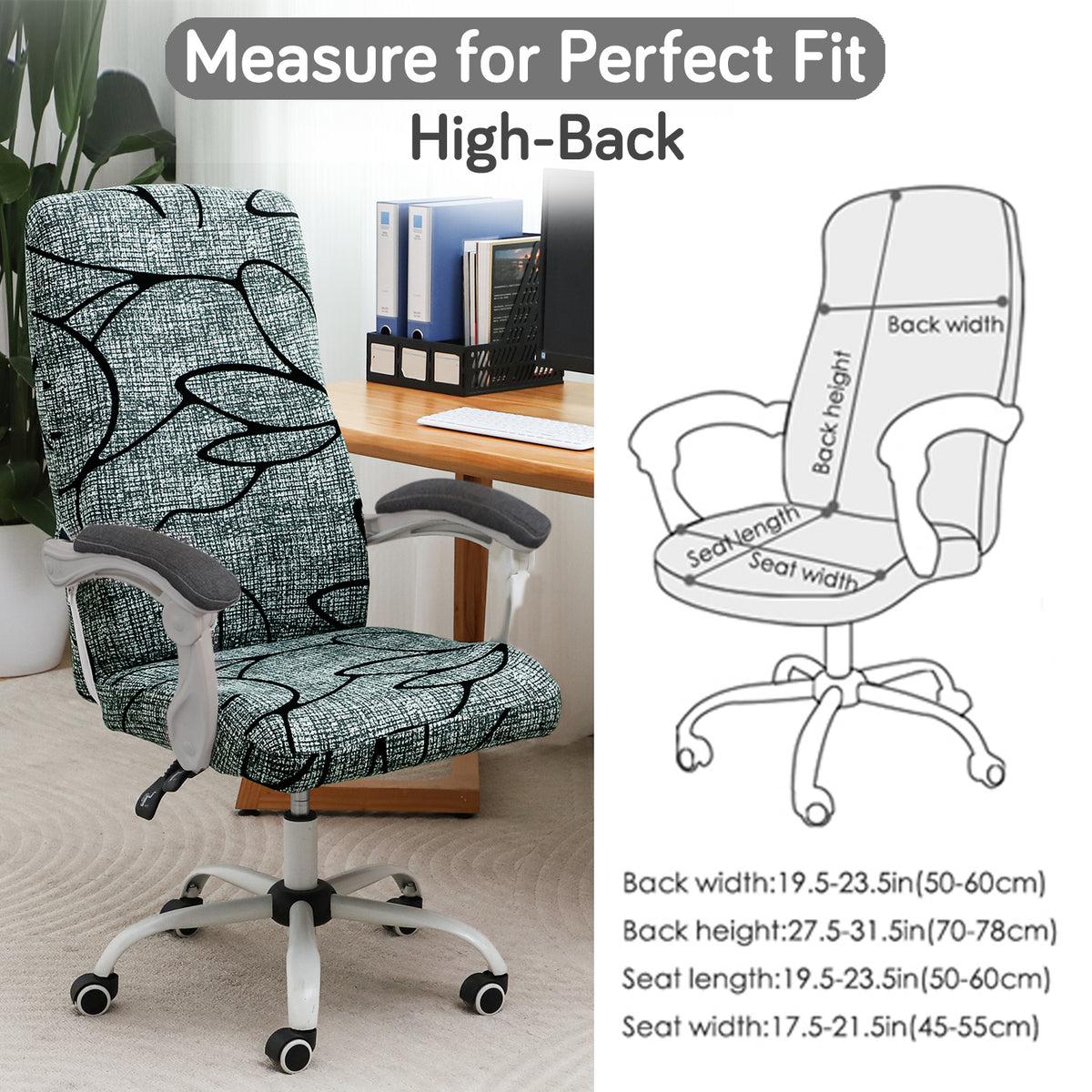 Printed Office Chair Cover for Executive Chair (High-Back) – 140 GSM Stretchable Fabric – Washable & Anti-Slip – Fits Big & Tall Office Chairs, Intense Grey Abstract Floral
