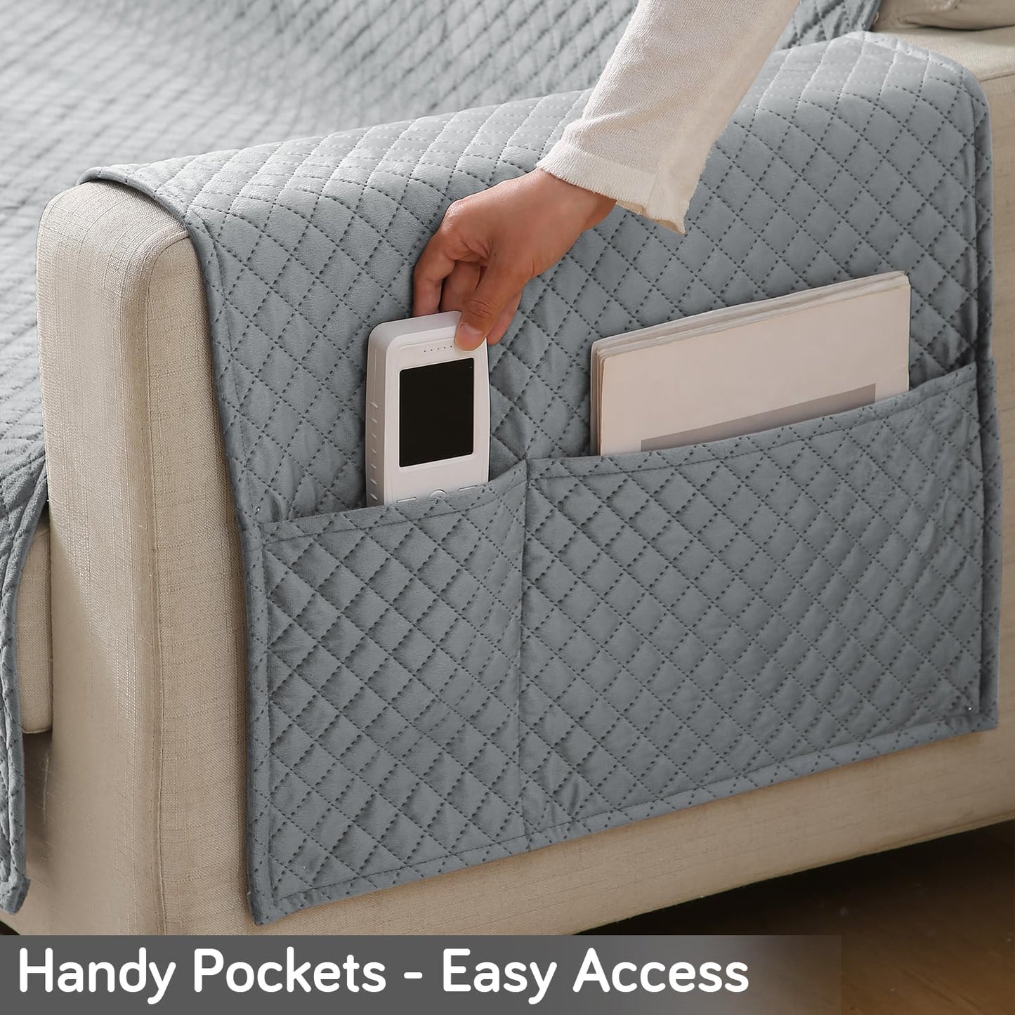 Quilted Velvet Sofa Cover Mat with Side Pockets, Pet Friendly, Fossil Grey