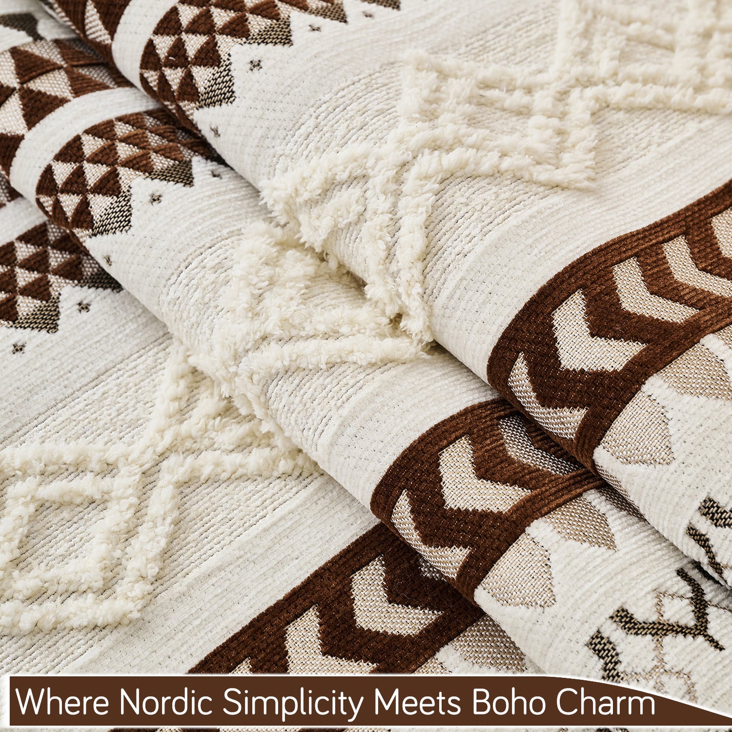 Nordic Boho Geometric Sofa Cover Mat with Tassel, 'Nordic Tassel Series'  Chocolate Brown
