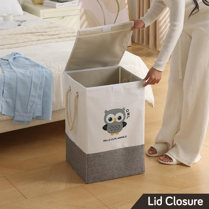 Foldable Laundry Basket for Clothes with Lid, Grey - Owl