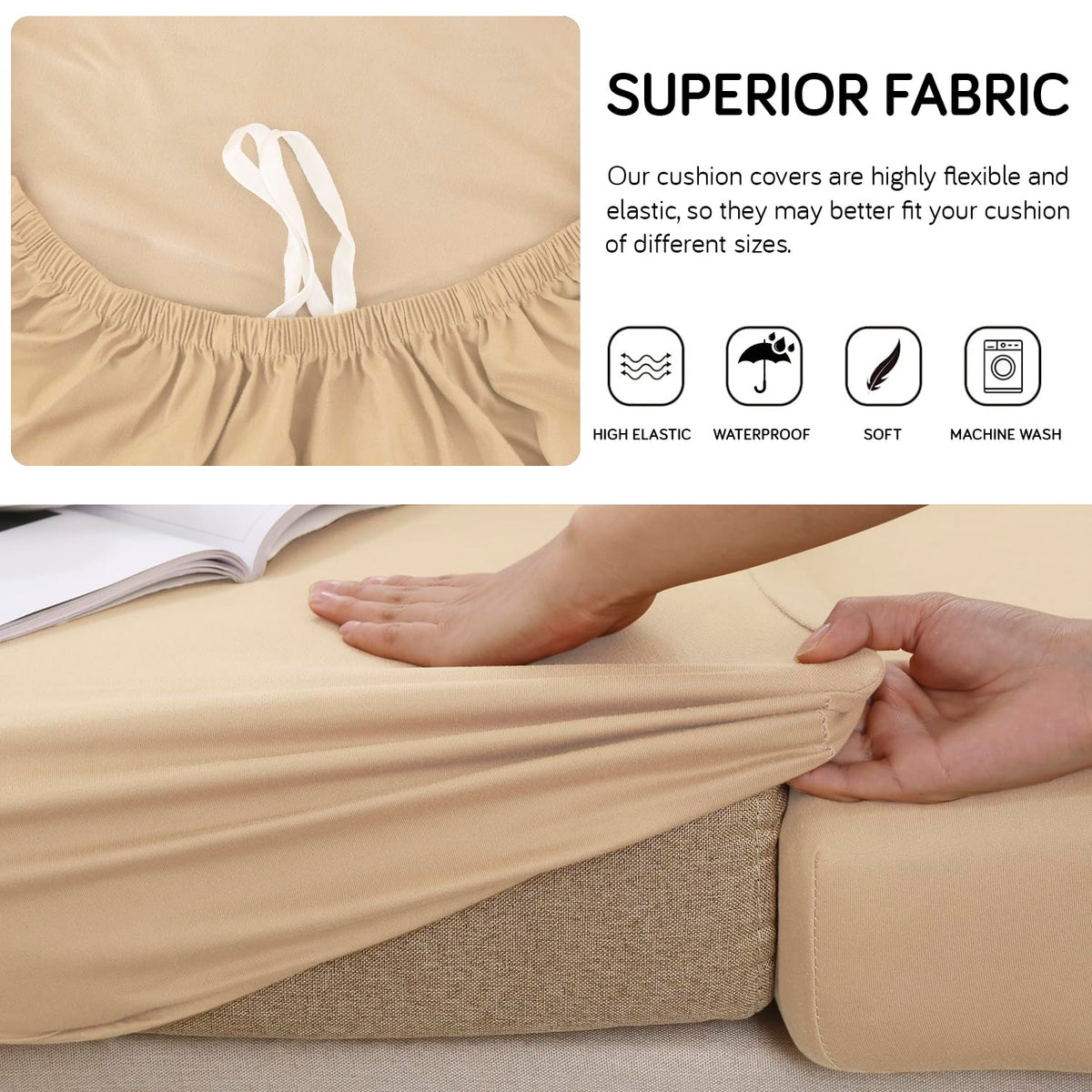 100% Waterproof Stretchable Seat Couch Cushion Cover for 1/2/3 Seater, Beige