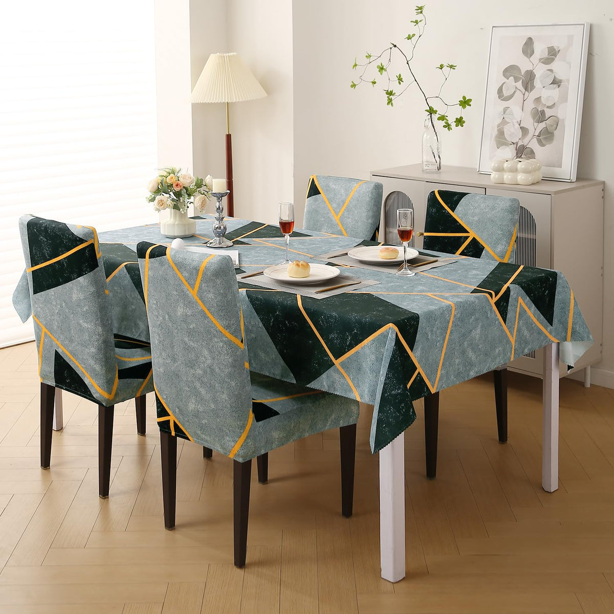 Elastic Dining Chair Covers with Matching Tablecloth, Multicolor Abstract Geometry
