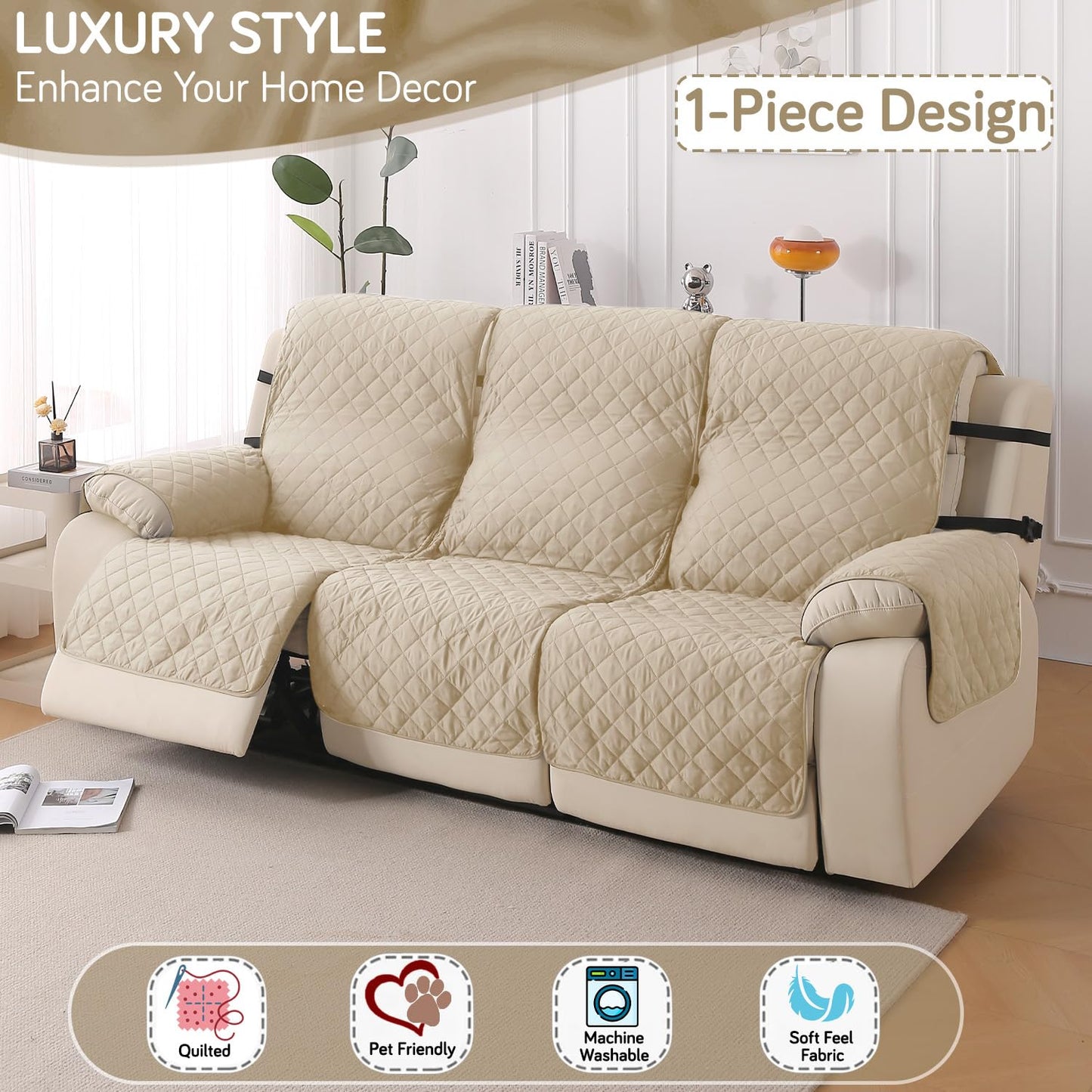 UrbanQuilt Recliner Sofa Slipcover Mat with Dual Belt for 1/2/3 Seater - Beige