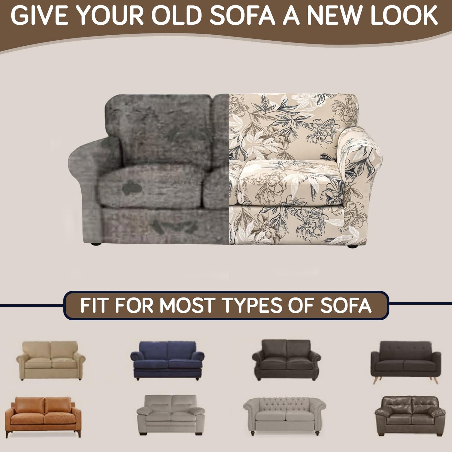 Printed Stretchable Sofa Slipcover with 1/2/3 Pc Separate Seat Cushion Cover for each 1/2/3 Seater, Beige Vintage Peony