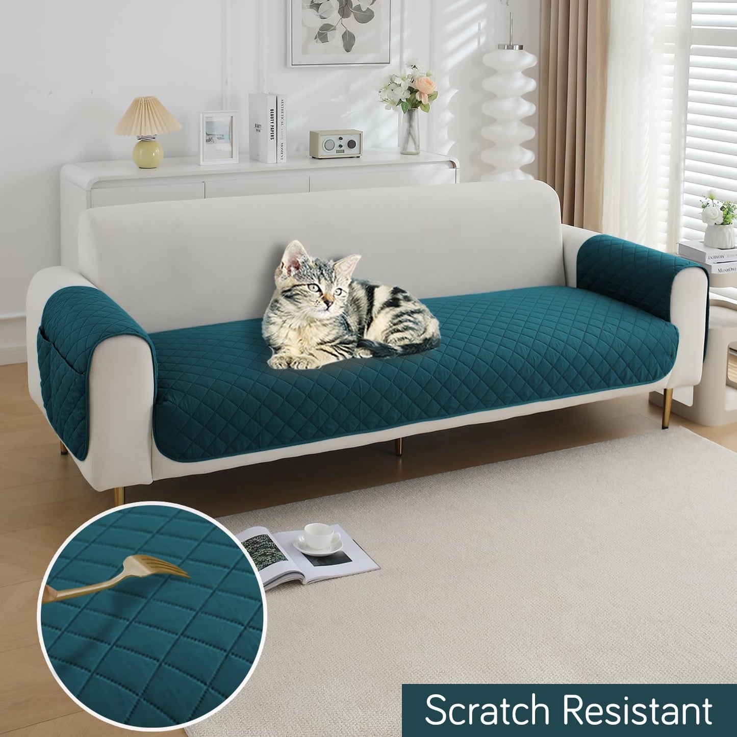 HOKIPO Quilted Waterproof Sofa Seat Mat with 2 Armrest Covers with Pockets, Peacock Blue