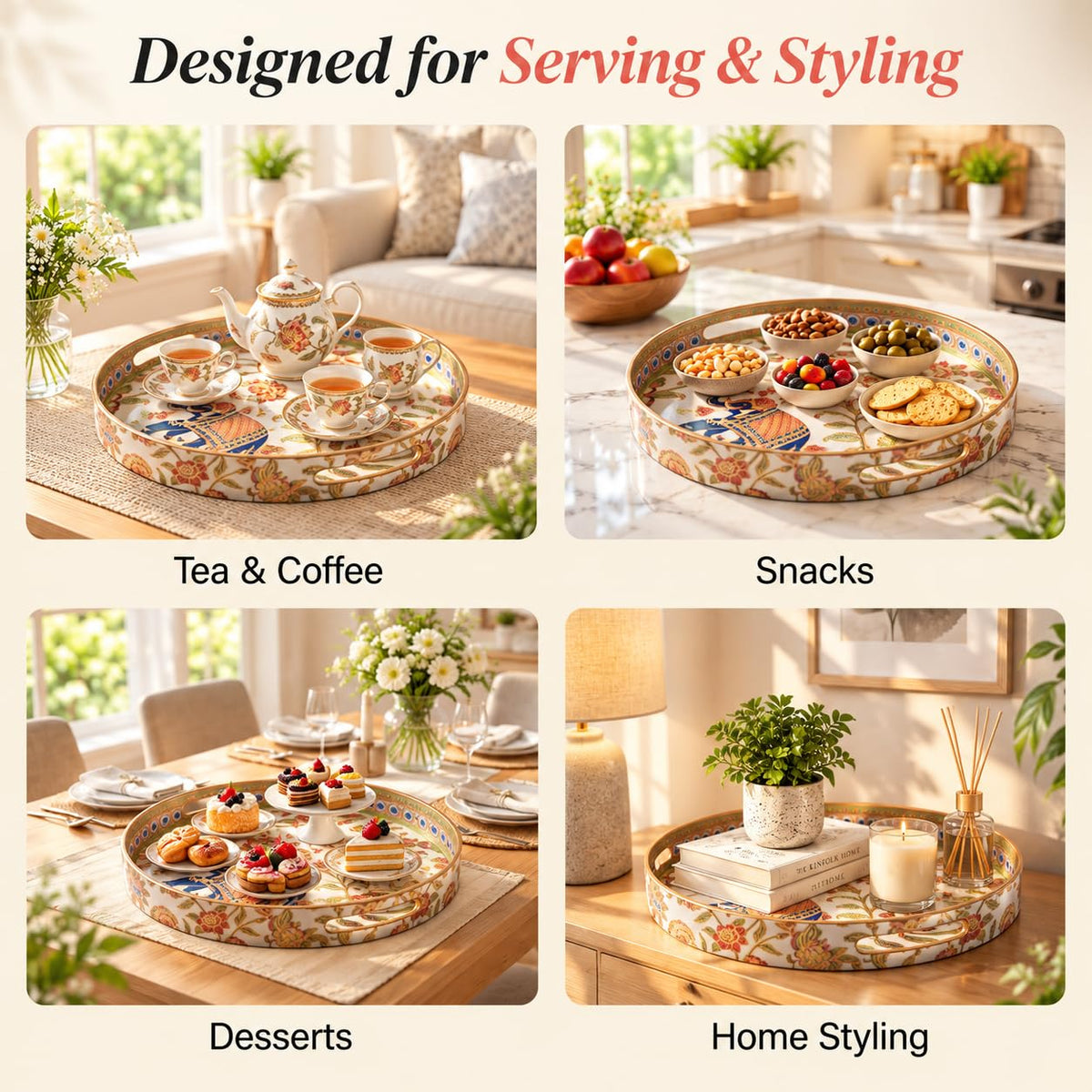 HOKIPO Round Serving Tray 12 in, Engineered Wood, Royal Gulistaan - image 5
