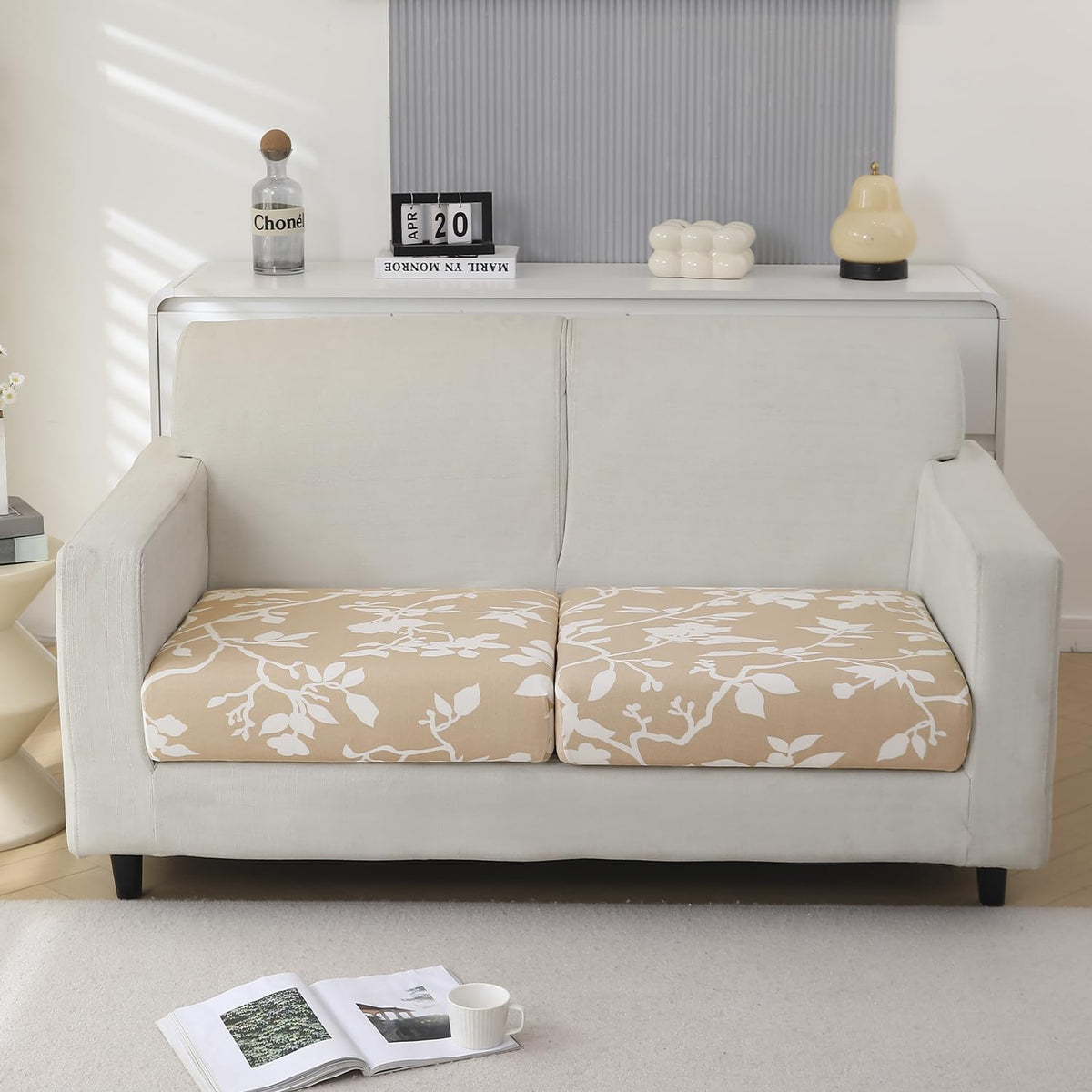 140 GSM Stretchable Printed Elastic Sofa Cushion Seat Cover for 1 /2 /3 Seaters / Pieces for Sofa, Buff Brown Sillehoute Floral