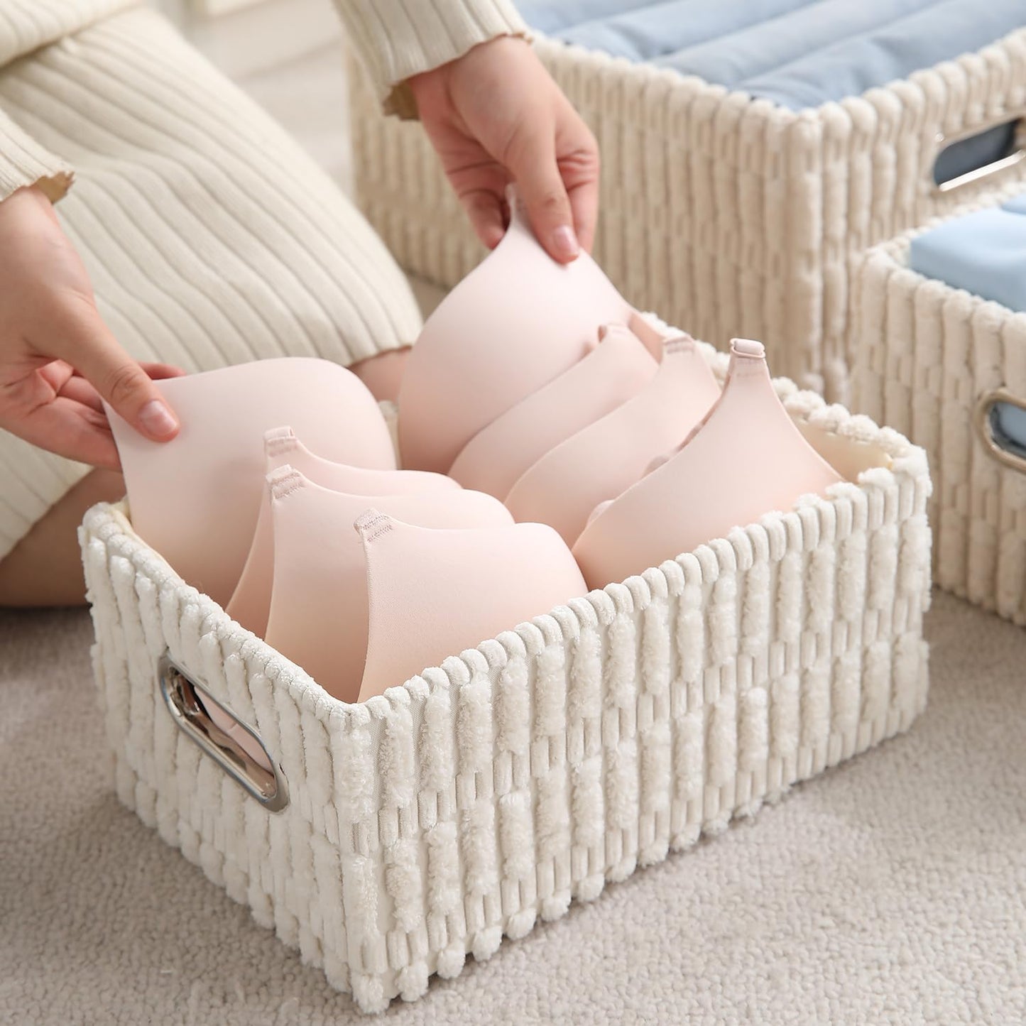 Plush Storage Organizer Baskets for Storage, Set of 3, Cream