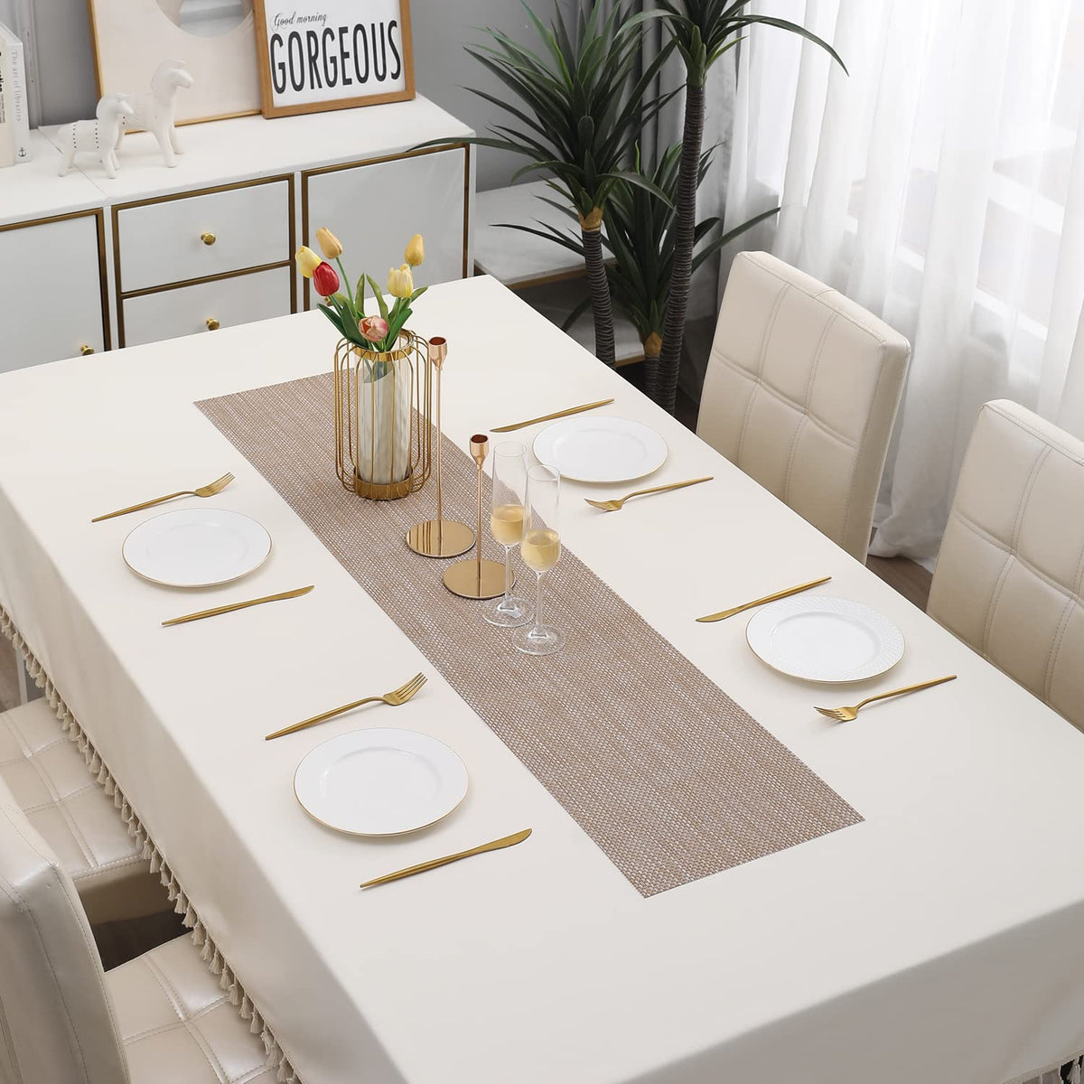 Buy Beige Brown Colour PVC Dining Table Runner for 4 Seater Tables | HOKIPO