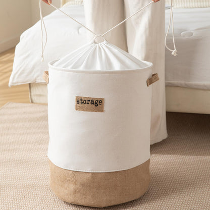 Round Collapsible Folding Laundry Basket for Clothes with Lid, White-Brown