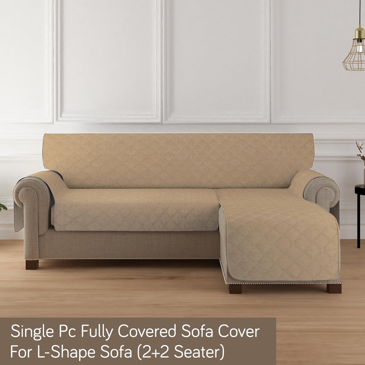 HOKIPO Quilted Reversible One Piece L Shape 4/5/6 Seater Sofa Cover Mat, Camel