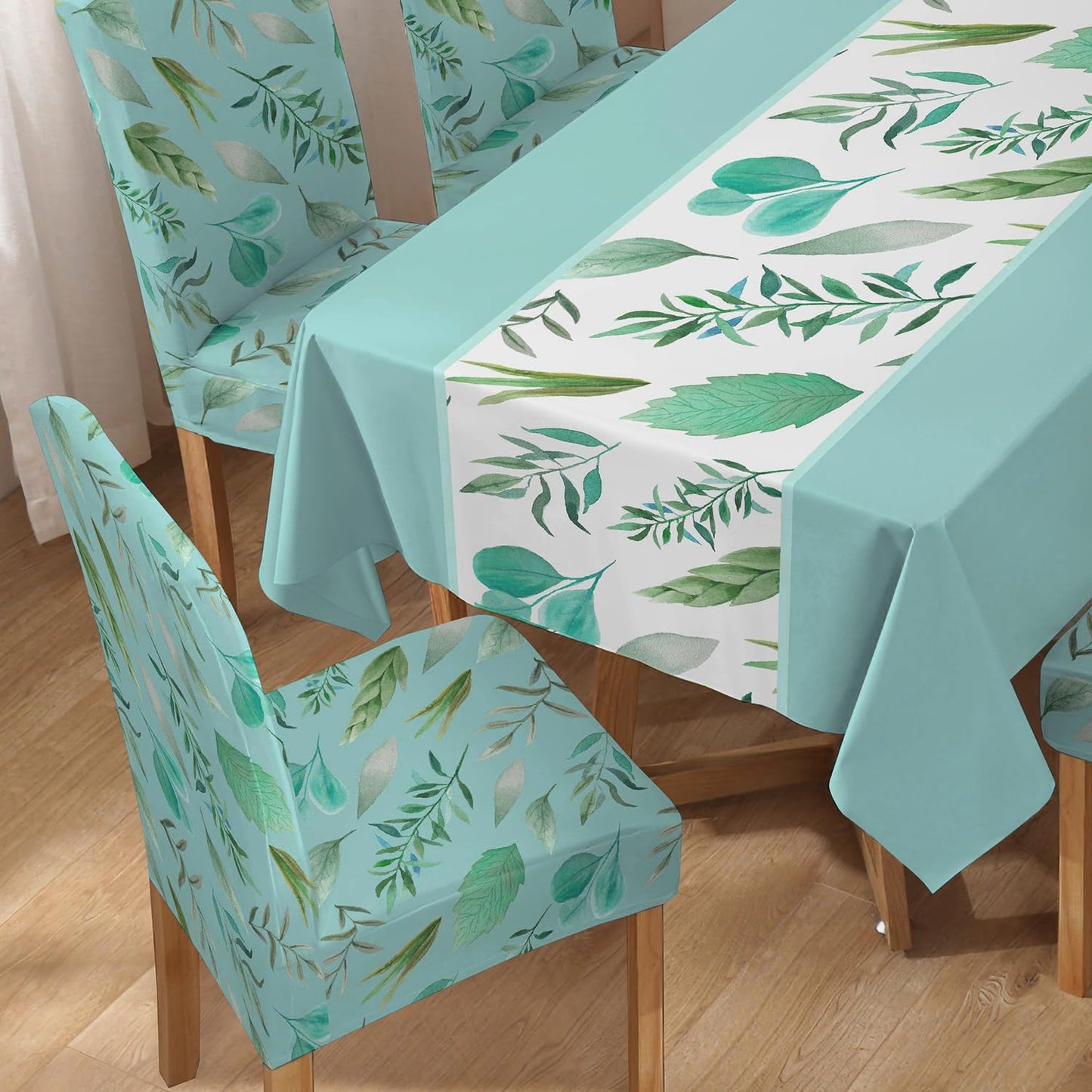 Polyester Dining Chair Covers Set of 4/6 with Matching Tablecloth, Varied Leaves Rhine Blue