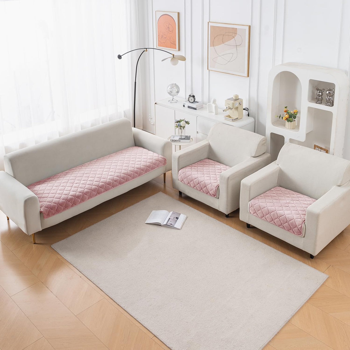 Diamond Tuft Quilted 5-Seater Sofa Mat (3+1+1), Anti-Slip, Blush Pink