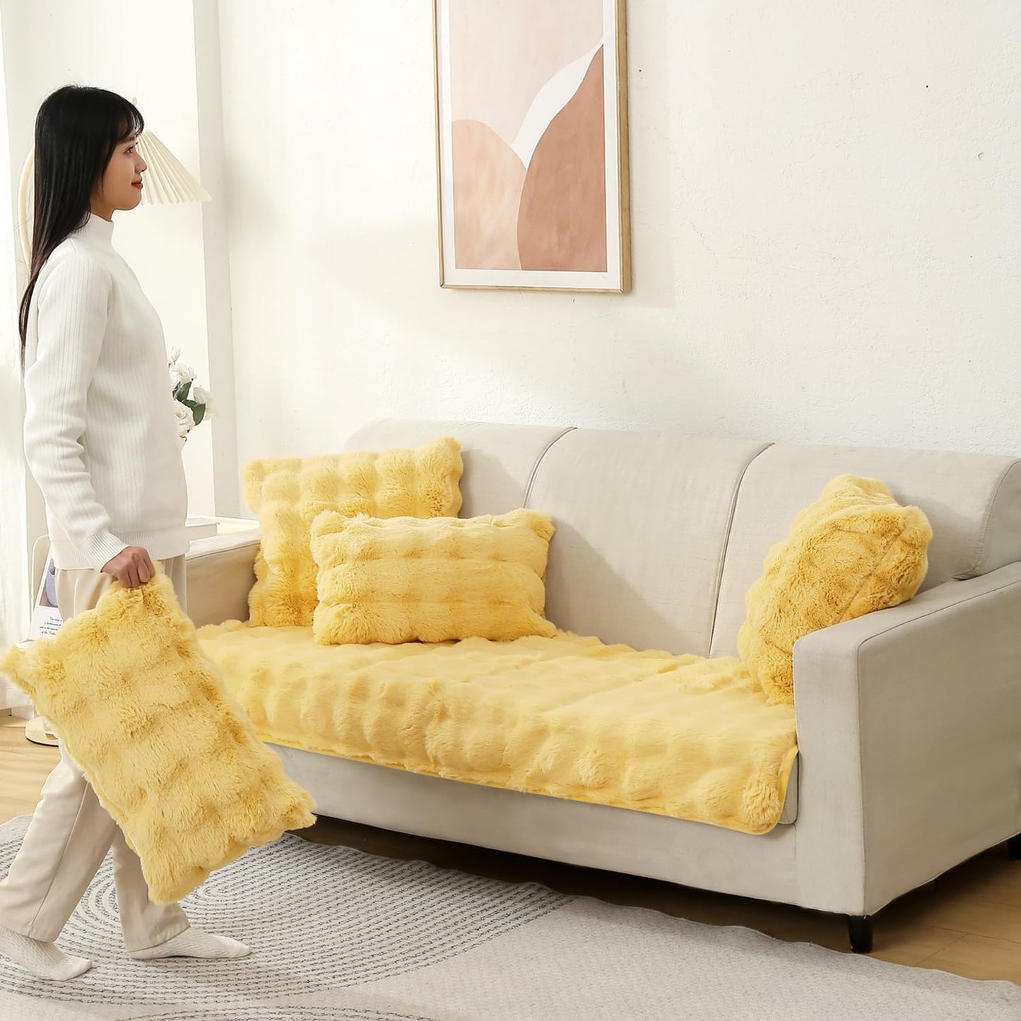 Buy cute Honey Yellow colour Zippered faux rabbit fur Sofa Cushion Covers