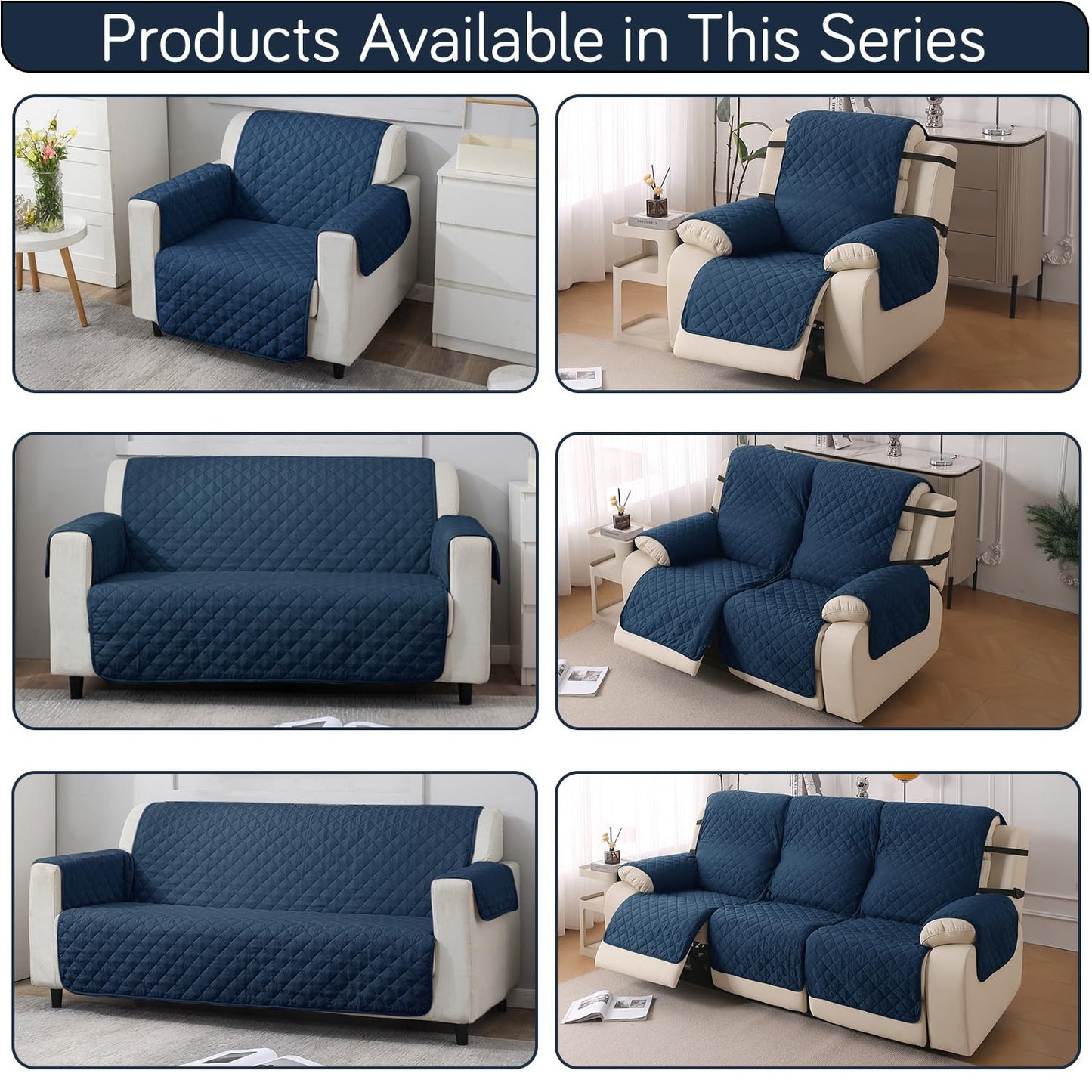 UrbanQuilt Recliner Sofa Slipcover Mat with Dual Belt for 1/2/3 Seater - Navy Blue