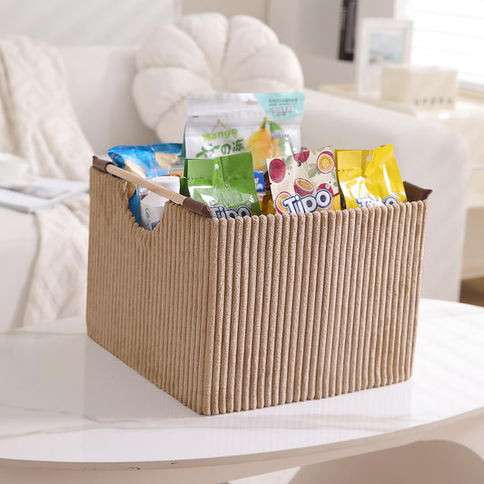 Premium Foldable Storage Bin with Wooden Handles | Corduroy Fabric Organizer Box for Wardrobe, Books, Clothes & Misc Items, Camel