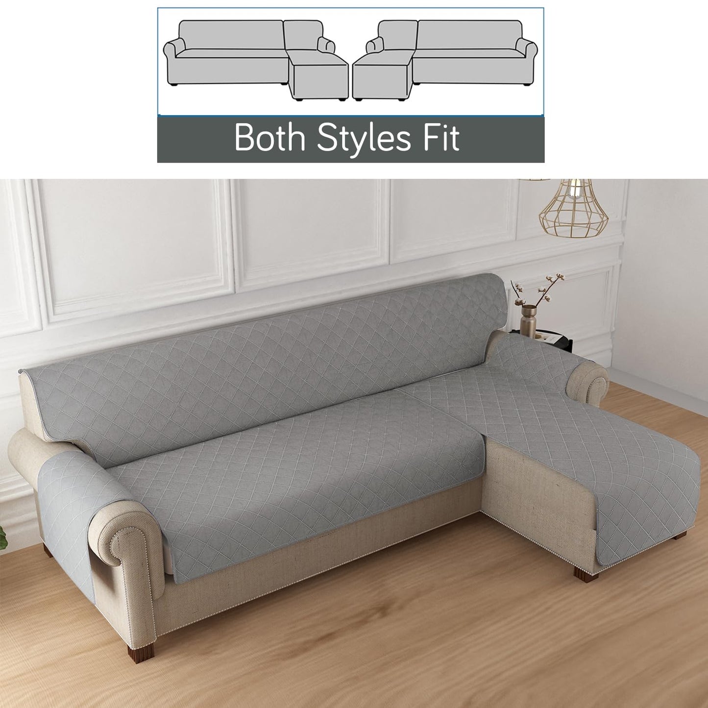 HOKIPO Quilted Reversible One Piece L Shape 4/5/6 Seater Sofa Cover Mat, Light Grey