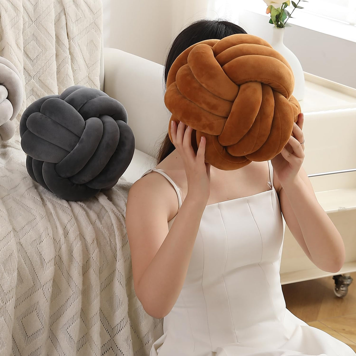 Knot Ball Cushion Pillow Soft Plush Velvet Decorative Throw Pillow - Props Chocolate Brown