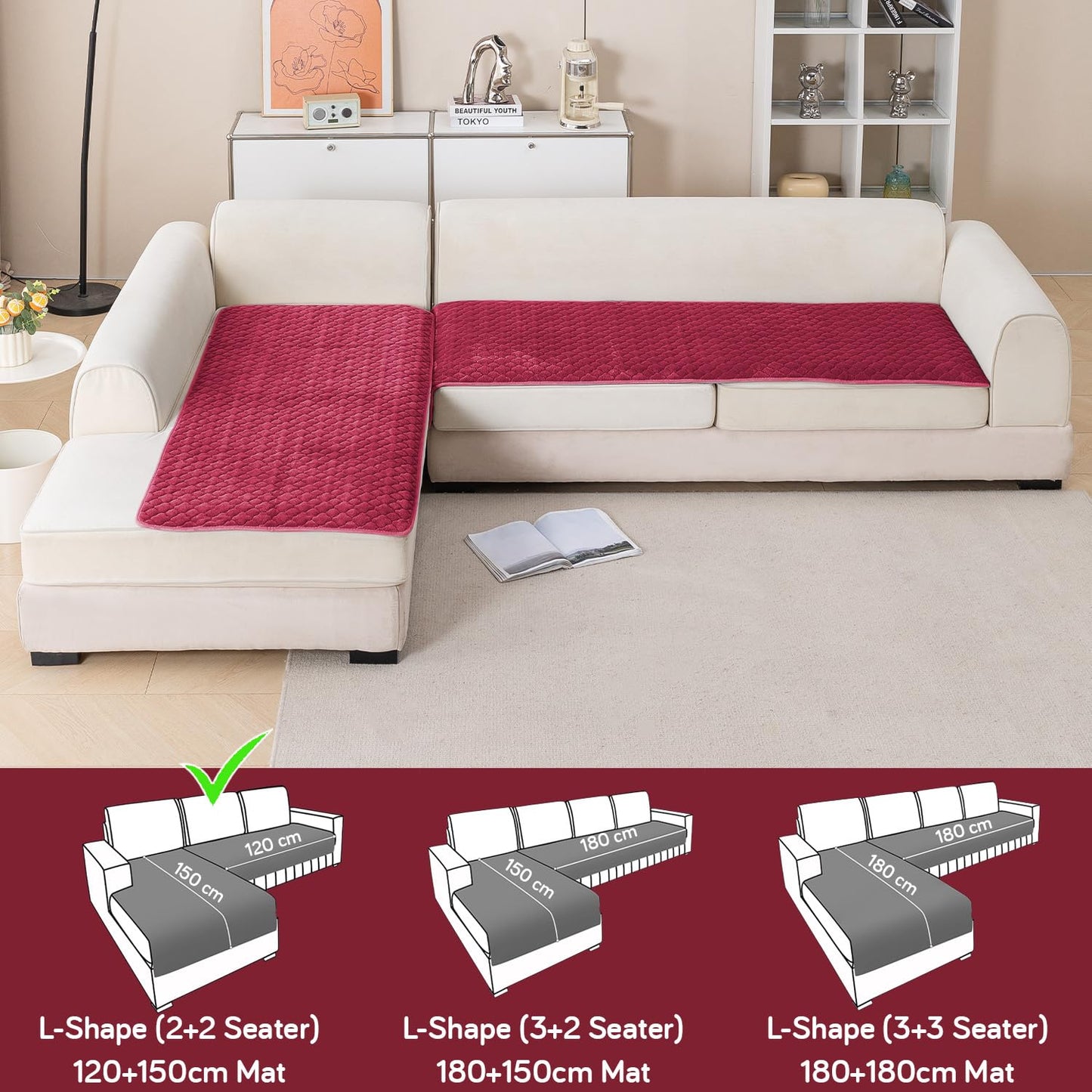 Diamond Plush Premium Quilted L Shape Sofa Cover Seat Mat, Wine