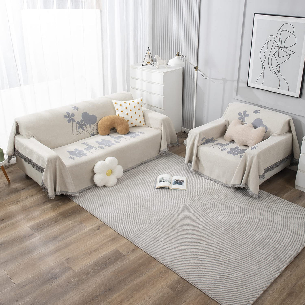 Off-White Nature, Soft and Pet Friendly Chenille Sofa Throw Cover