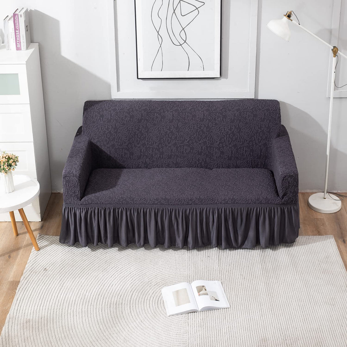 Abbey Grey three seater designer woven jacquard frill sofa cover set