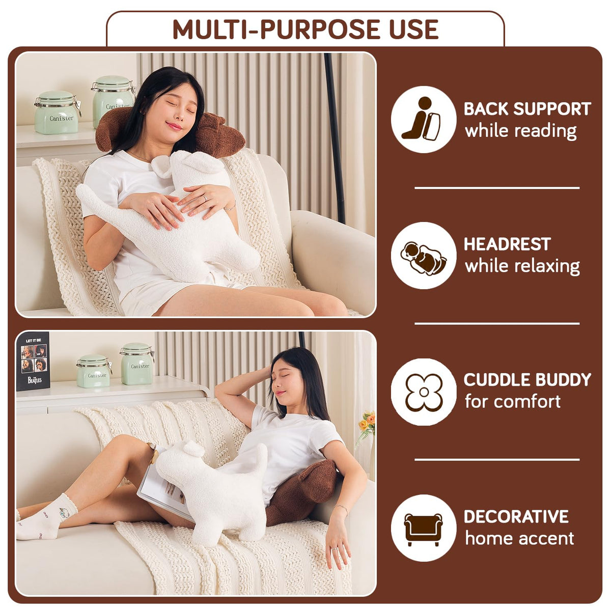 HOKIPO Puppy Shaped Plush Cushion for Kids Room & Nursery, 42 cm, Brown