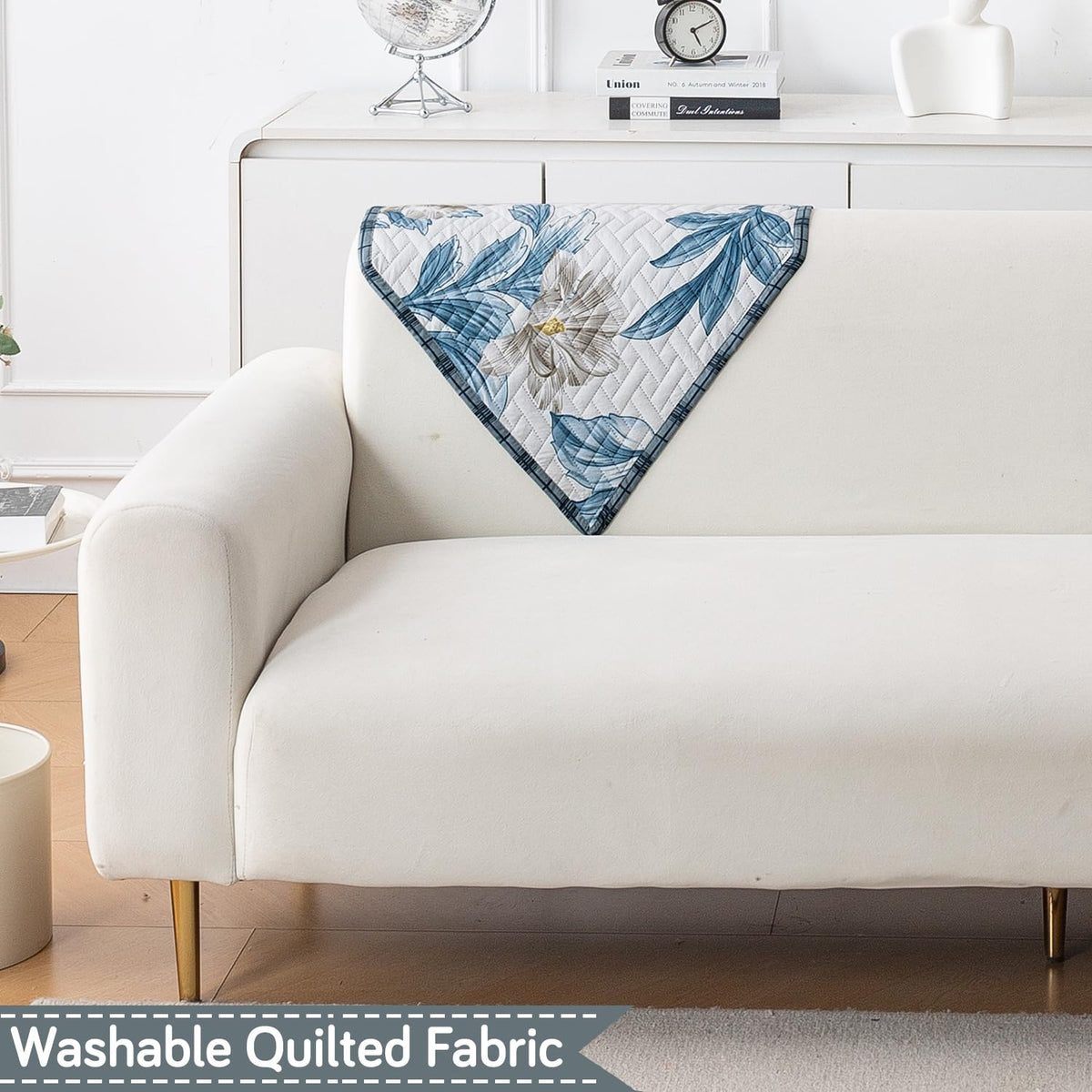 'Homehues' Printed Quilted Sofa Cover Mats, Celadon Blue Camellia