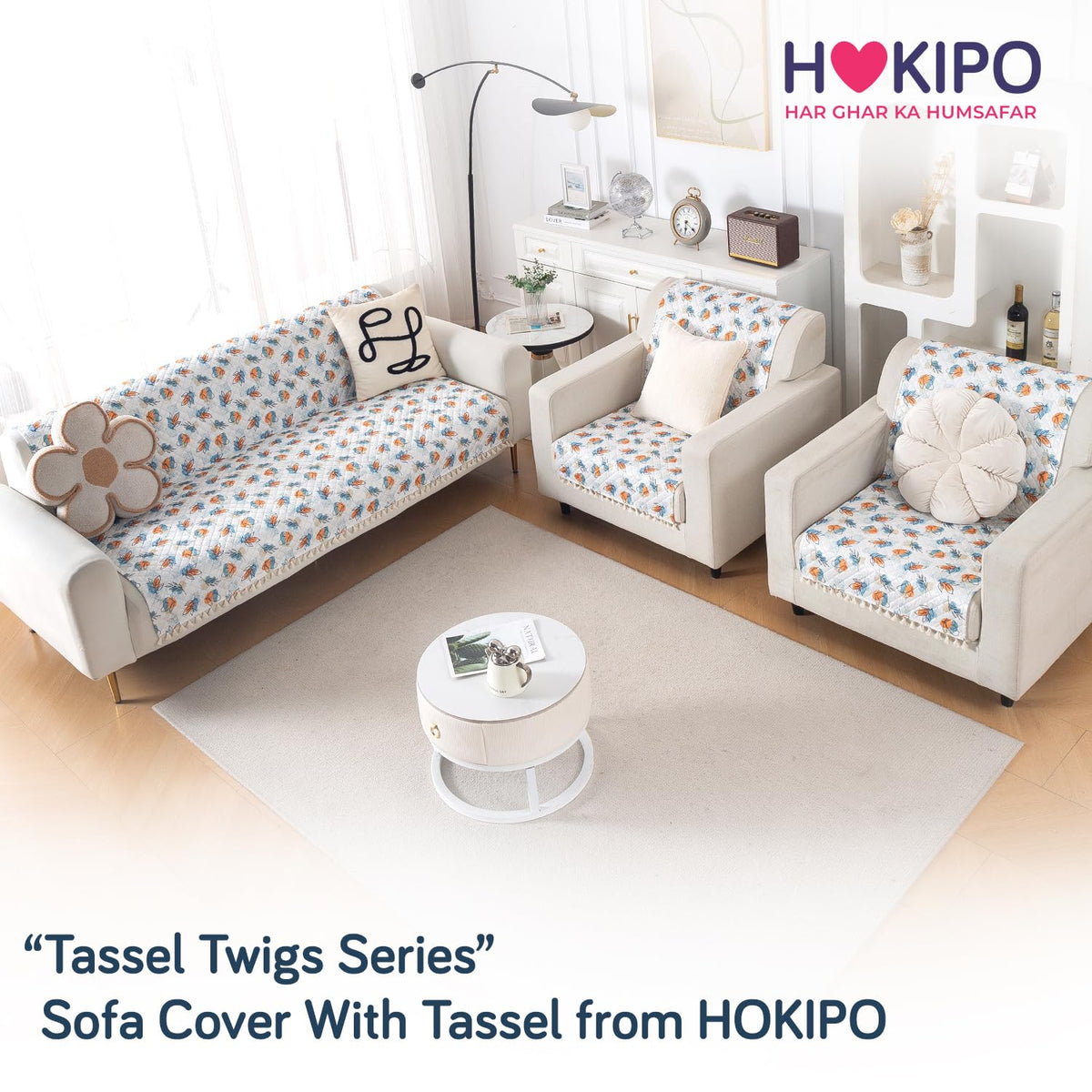 Quilted Sofa Cover 5-Seater Sofa Cover (3+1+1), Tassel Twigs | Abstract Petals