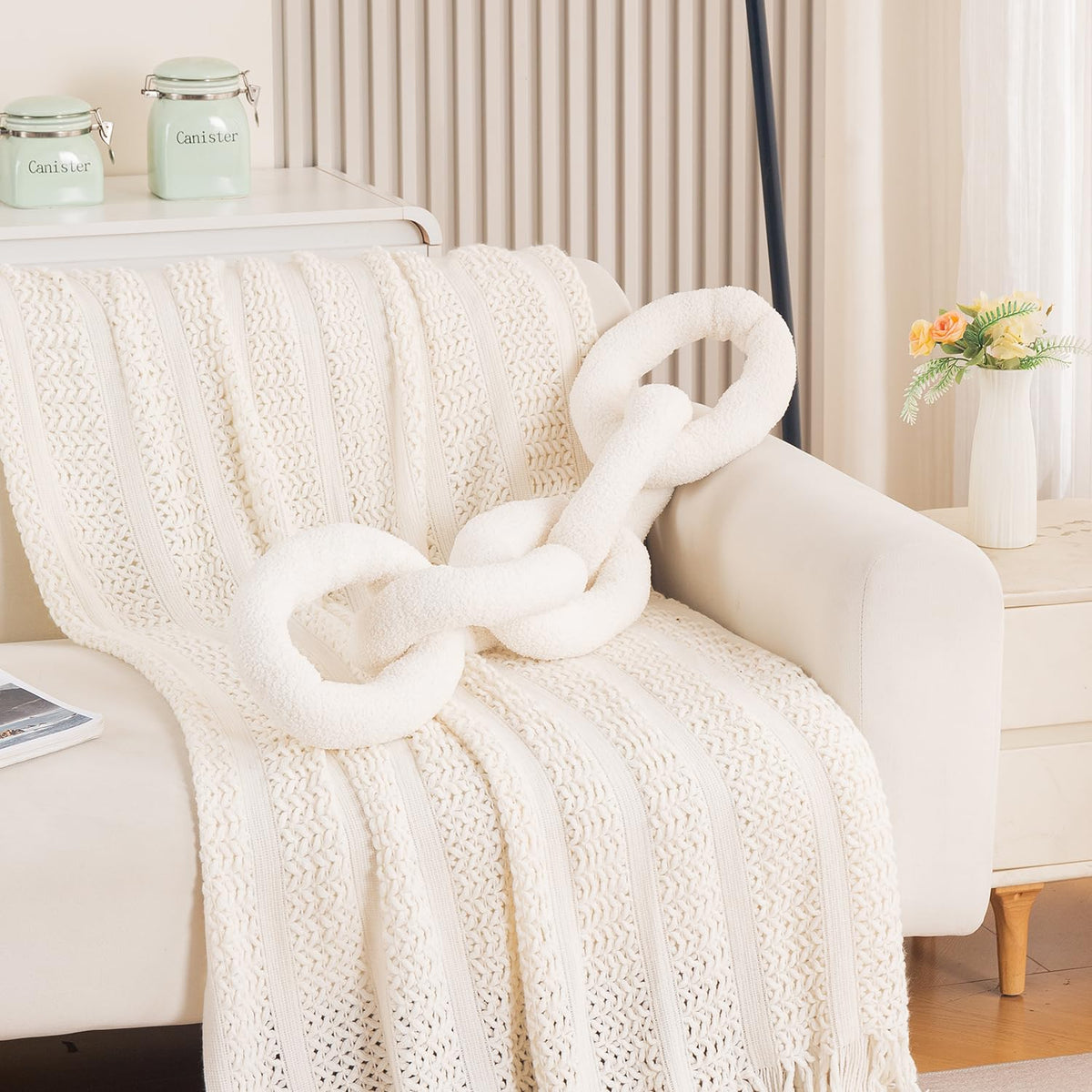 HOKIPO Chunky Knot Chain Cushion for Sofa & Bed, 100 cm, White