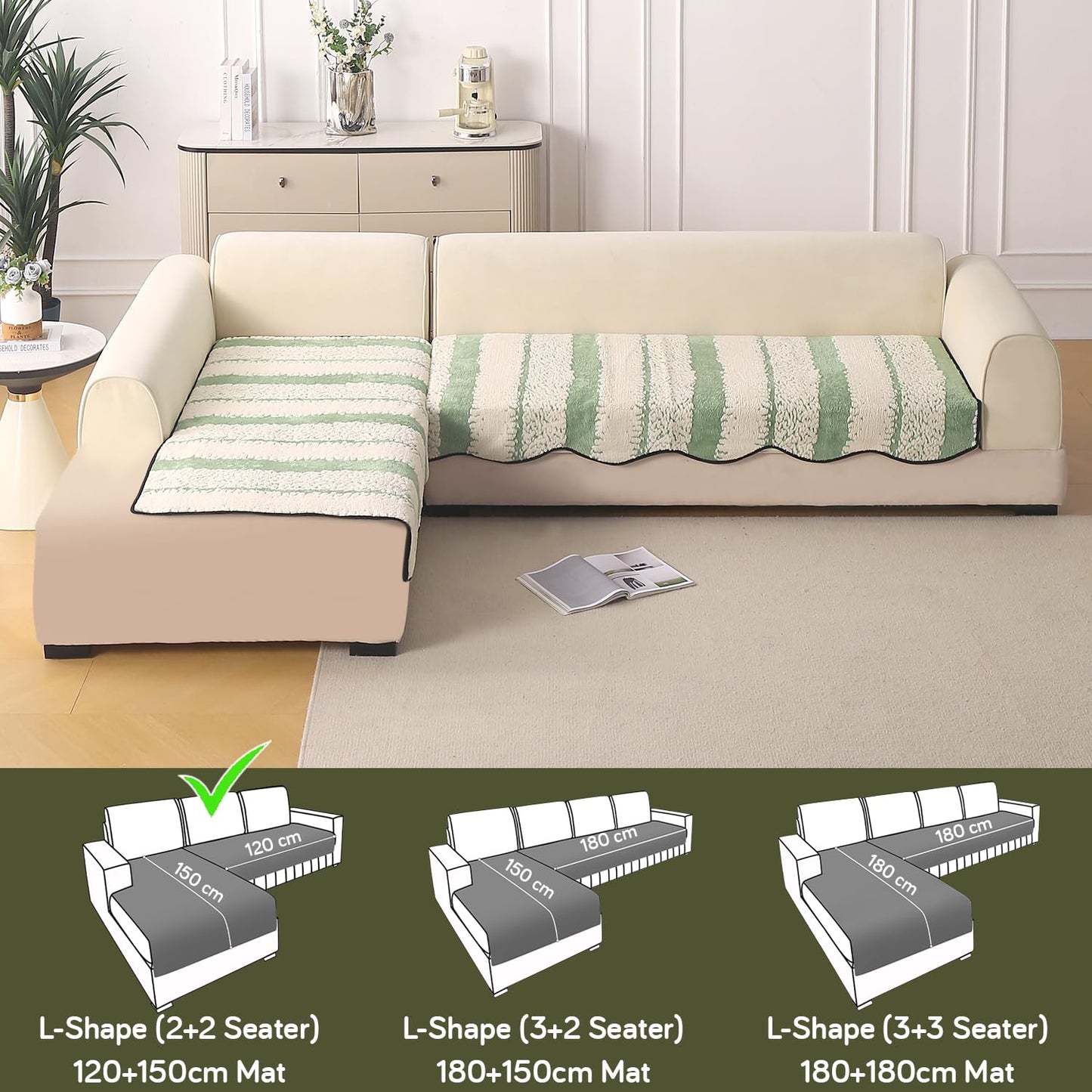 Luxury Wavy Mat with Anti Slip Backing  L Shape Sofa Cover Seat Mat - Pistachio Green