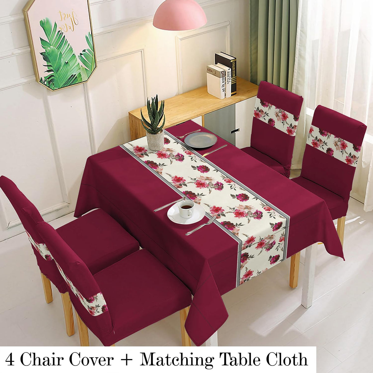 Polyester Dining Chair Covers Set of 4/6 with Matching Tablecloth, Floral Wine