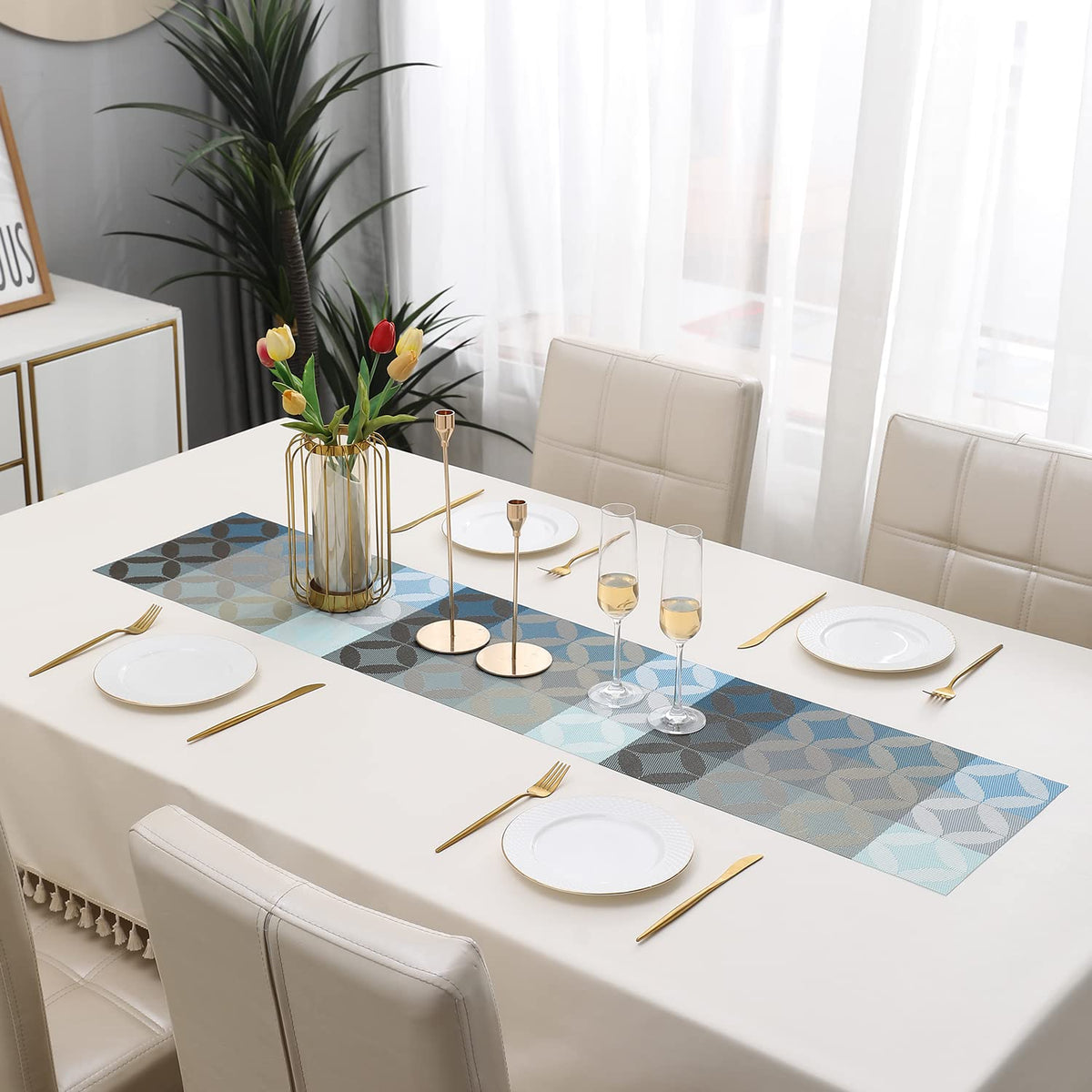 Buy Geometric Blue Colour PVC Table Runner for Dining Table | HOKIPO