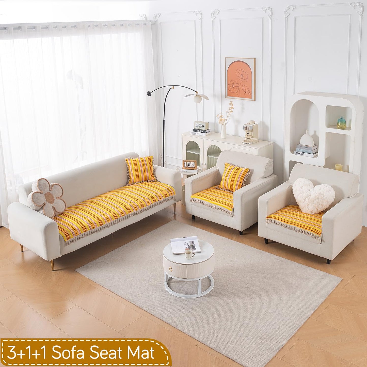 Artisan Boho 5-Seater Sofa Seat Mat with Tassels (3+1+1), Mustard Yellow