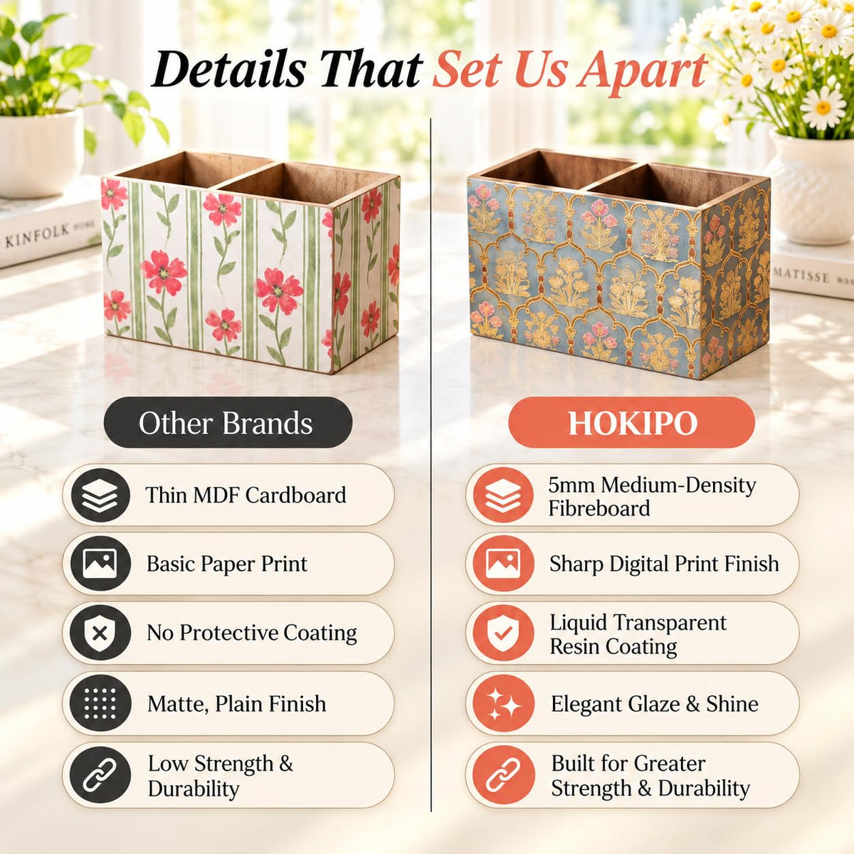 HOKIPO Cutlery Holder for Dining Table, Engineered Wood, Shahi Gulnaar - image 3