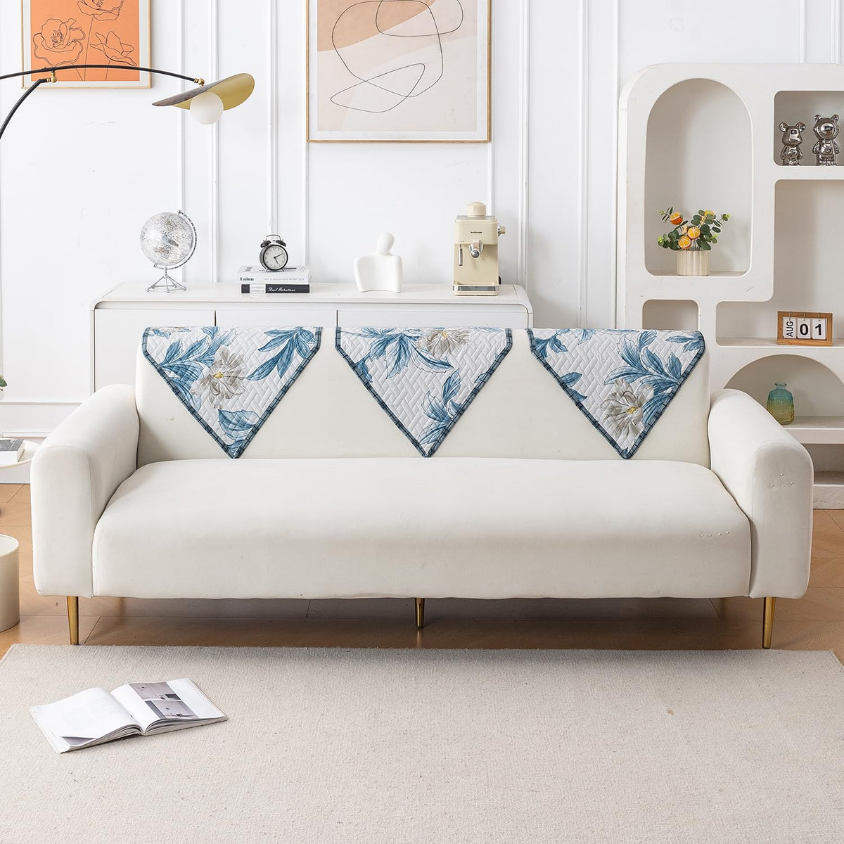 'Homehues' Printed Quilted Sofa Cover Mats, Celadon Blue Camellia