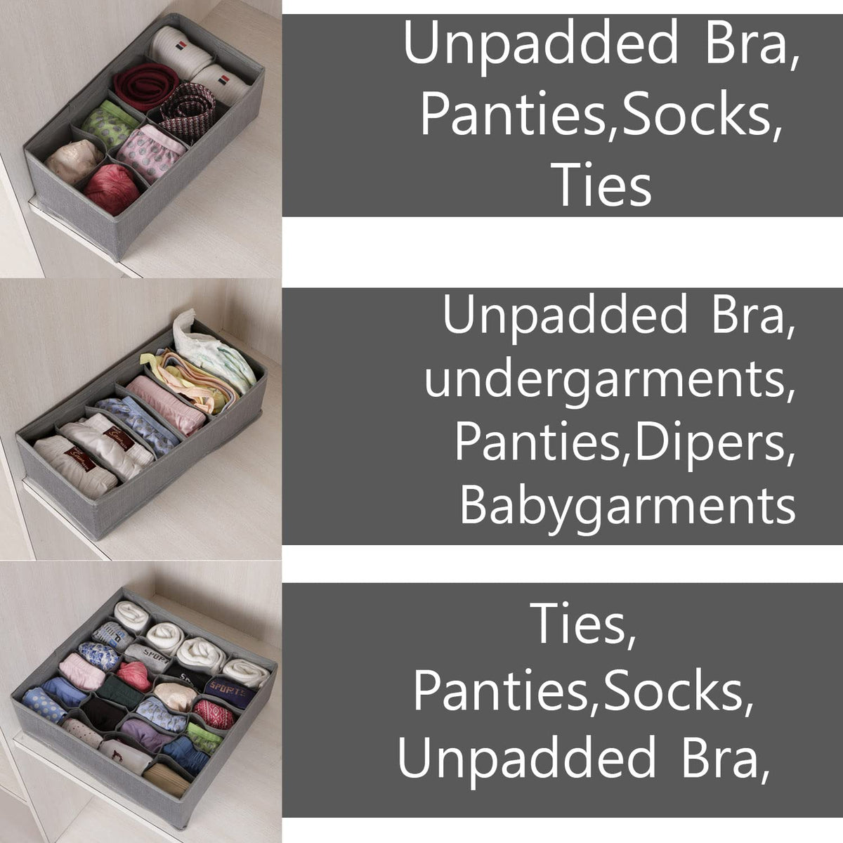 Non-Woven Fabric Undergarment Organizer Storage Box For Drawers Bra Panty Socks Tie Lingerie Organizer For Wardrobe, Grey