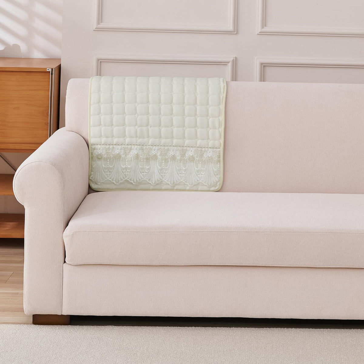 BelleLace Series Premium Imperial Milk Velvet Sofa Cover Mat with Lace Design -  Pearl White