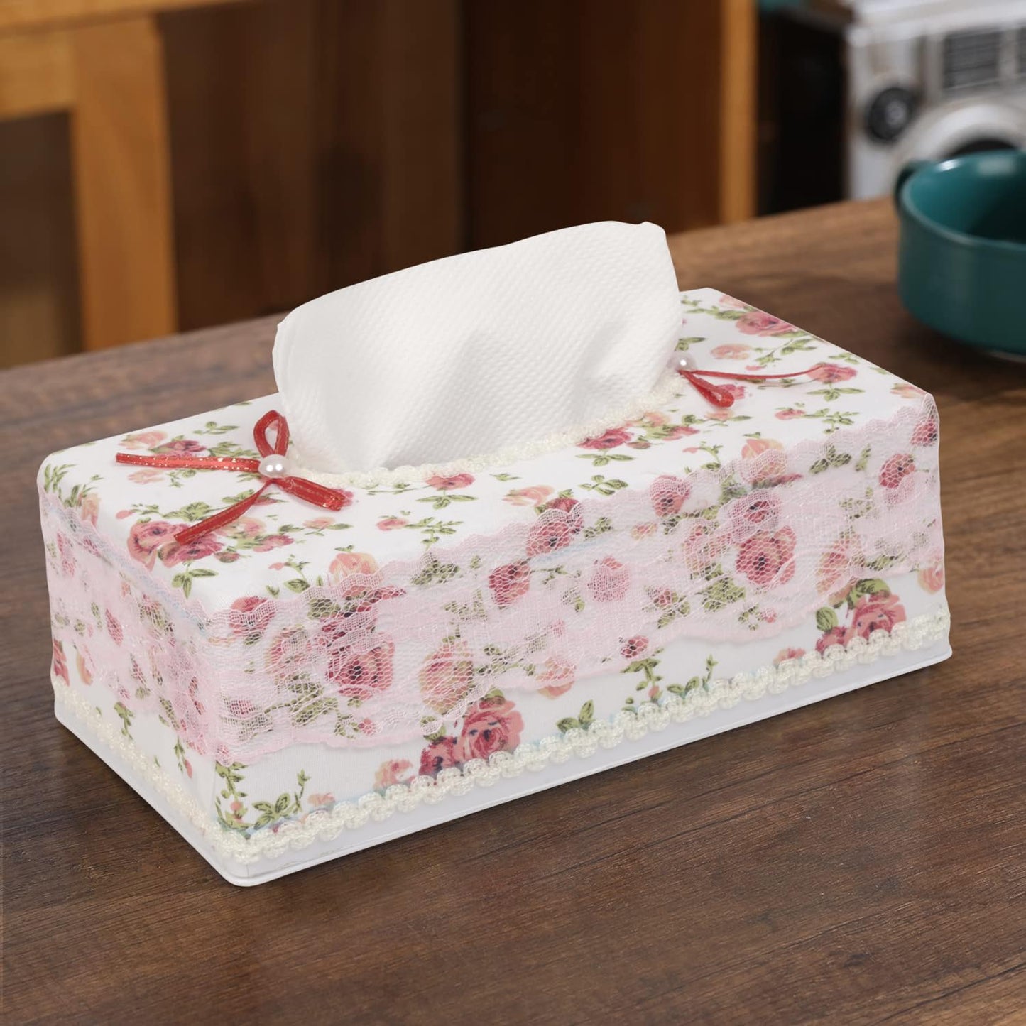 Plastic Tissue Box Holder, Flower Red