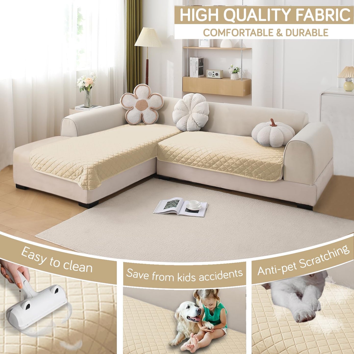 HOKIPO Waterproof Quilted Quick Dry L Shape Sofa Seat Cover Mat, Beige