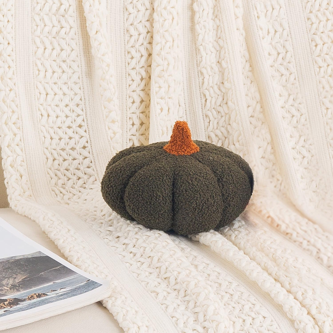 HOKIPO Pumpkin Shaped Plush Cushion for Autumn Decor, 19 cm, Olive Green